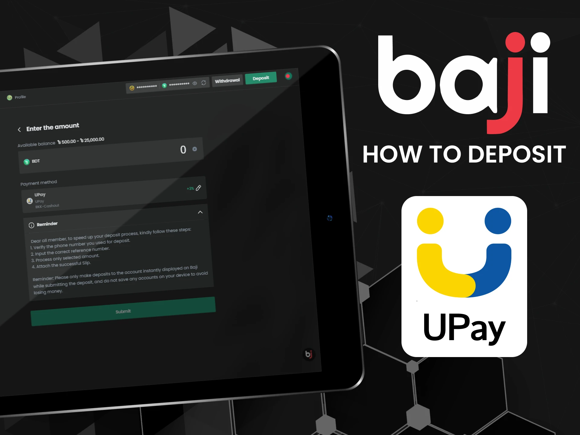 Make secure deposits on Baji using Upay by following these quick instructions.